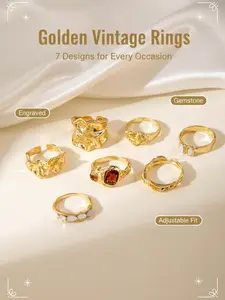 7pcs Retro Gold Ring Set✨7 Unique Styles | Adjustable Fit | Engraved & Gemstone Details | Perfect for Stacking, Gifting & All Occasions