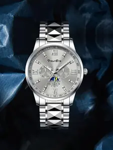 Men's Analog Watch, Three Eyes Six Hands Roman Numerals, Waterproof 50M Night Glow Moon Star Design, Silver Color Alloy Case