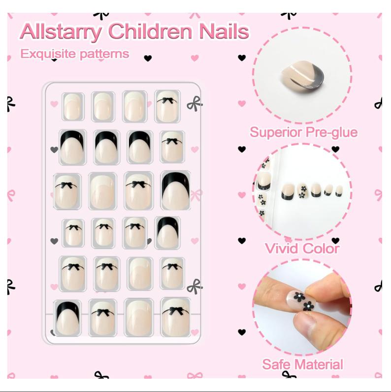 Allstarry 72pcs 3 pack Children Nails Press on Pre-glue Full Cover Kids French Tip Press on Nails Short False Nail Kits Lovely Gift for Children Little Girls Nail Art Decoration - Romantic French