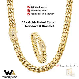 [Set] 14K Gold Plated Miami Cuban Link Necklace & Bracelet Set for Men Women, Stainless Steel Hip Hop Chain with Zircon Clasp, Waterproof & Tarnish Free, 6-14mm Width, Multiple Lengths, Top Gift Choice