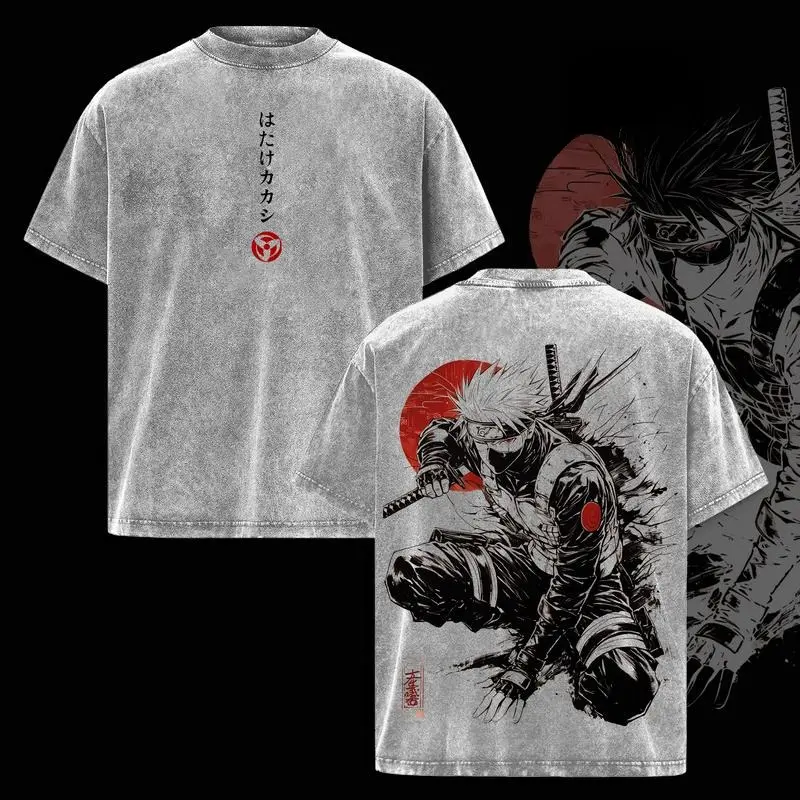 Kakashi Hatake T-Shirt Washed Vintage Naruto Anime Oversize Streetwear Tee Sharingan Ninja Graphic Unisex Heavyweight Cotton Top Gift for Anime Manga Fans Oversized Crewneck Womenswear Tshirt