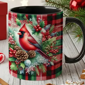 1pc, Christmas Cardinal And Plaid Pattern Coffee Mug, Festive Winter Bird Coffee Cup, Holiday Season Drinkware For Home Office, Ideal Christmas Gift For Friends Family Colleagues