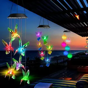 Solar Powered LED Wind Chime Light, Color Changing Hummingbird Design LED Decorative Light, Outdoor Hanging Light for Garden, Balcony, Party, Courtyard, Window Decoration, Patio Hanging Lights