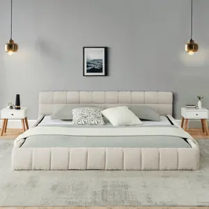 California King Size Upholstered Bed Frame, Chenille Fabric Floor Platform Bed Grounded Bed Frame with Thick Headboard, No Box Spring Needed, Easy Assembly, Beige