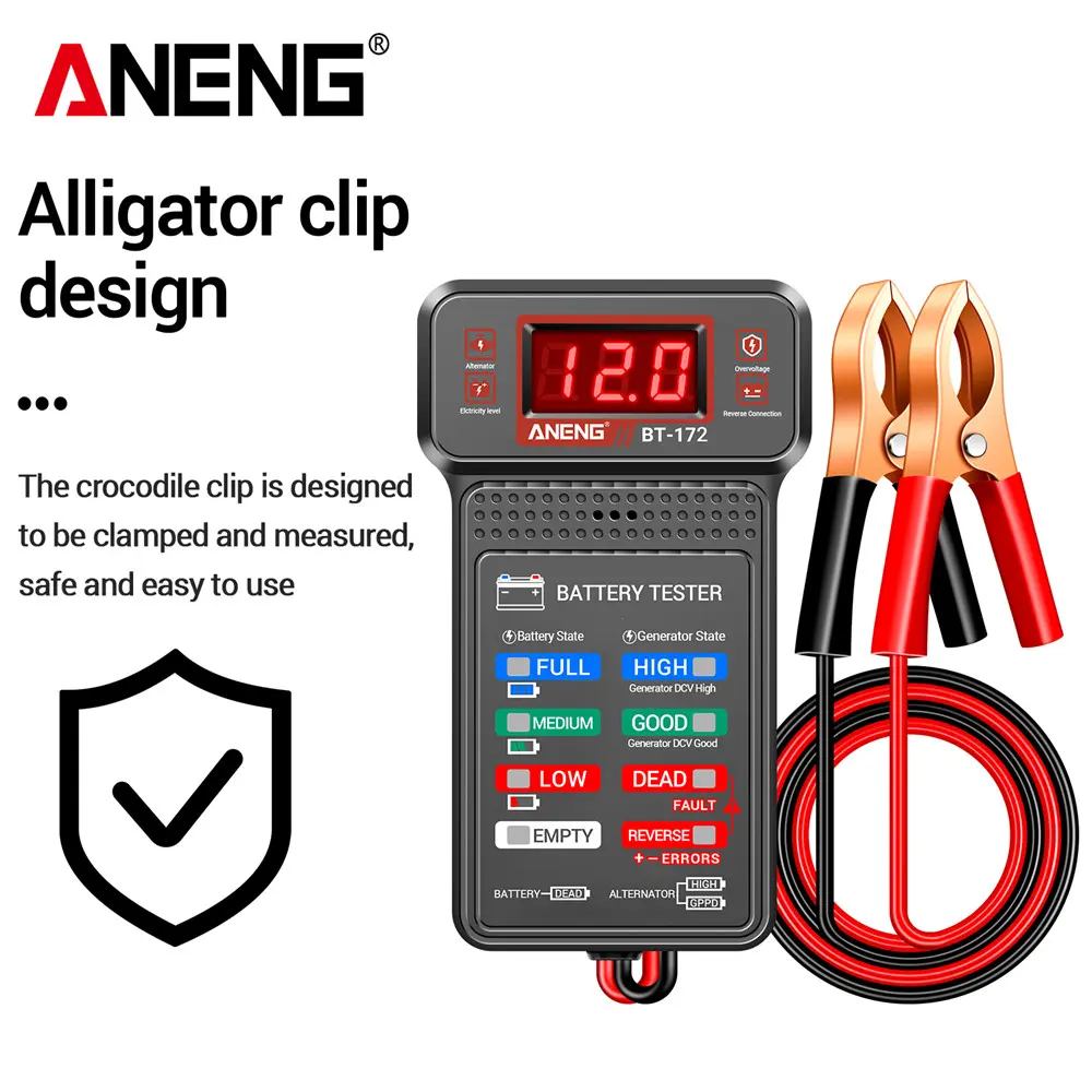 ANENG BT172 12V Vehicle Car Battery Tester-Alternator Analyzer Scanner Tool with Low/Good/Poor LCD Display, Reverse Polarity ID, Overvoltage Protection, Dual Fuses, Insulated Probes, Lightweight Compact Design, Current-Resistance Testing for Trucks, RVs s