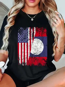 100% Cotton LAOTIAN ROOTS | Half American Flag | USA LAOS FLAG T-Shirt