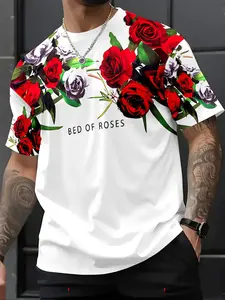 Men's Rose Print Floral Flower Short Sleeve Shirt, Casual Fitted Round Neck Top, Breathable Fabric, All Seasons Wear, Perfect Gift Idea, Menswear