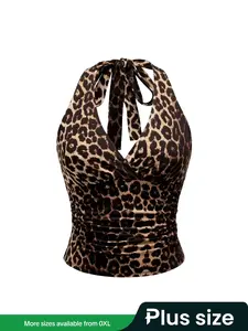 Elegant Plain Color Leopard Print Halter Neck Women's Tank Top, Casual Tank Tops, Summer Fitted Kint Fabric, Stylish Ladies' Casual Wear