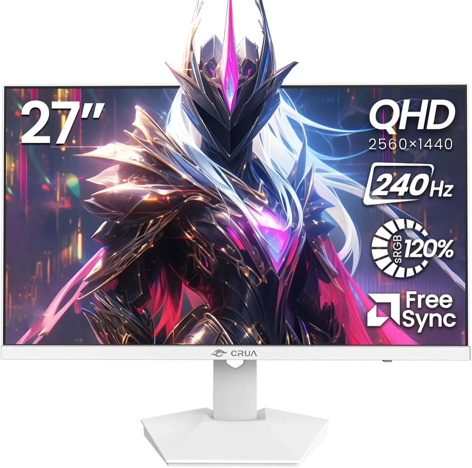 CRUA 27" White 240Hz QHD IPS Gaming Monitor, 2560x1440, AMD FreeSync, 120% sRGB, Built-in Speakers, Blue Light Filter, HDMI DP, VESA Wall Mount