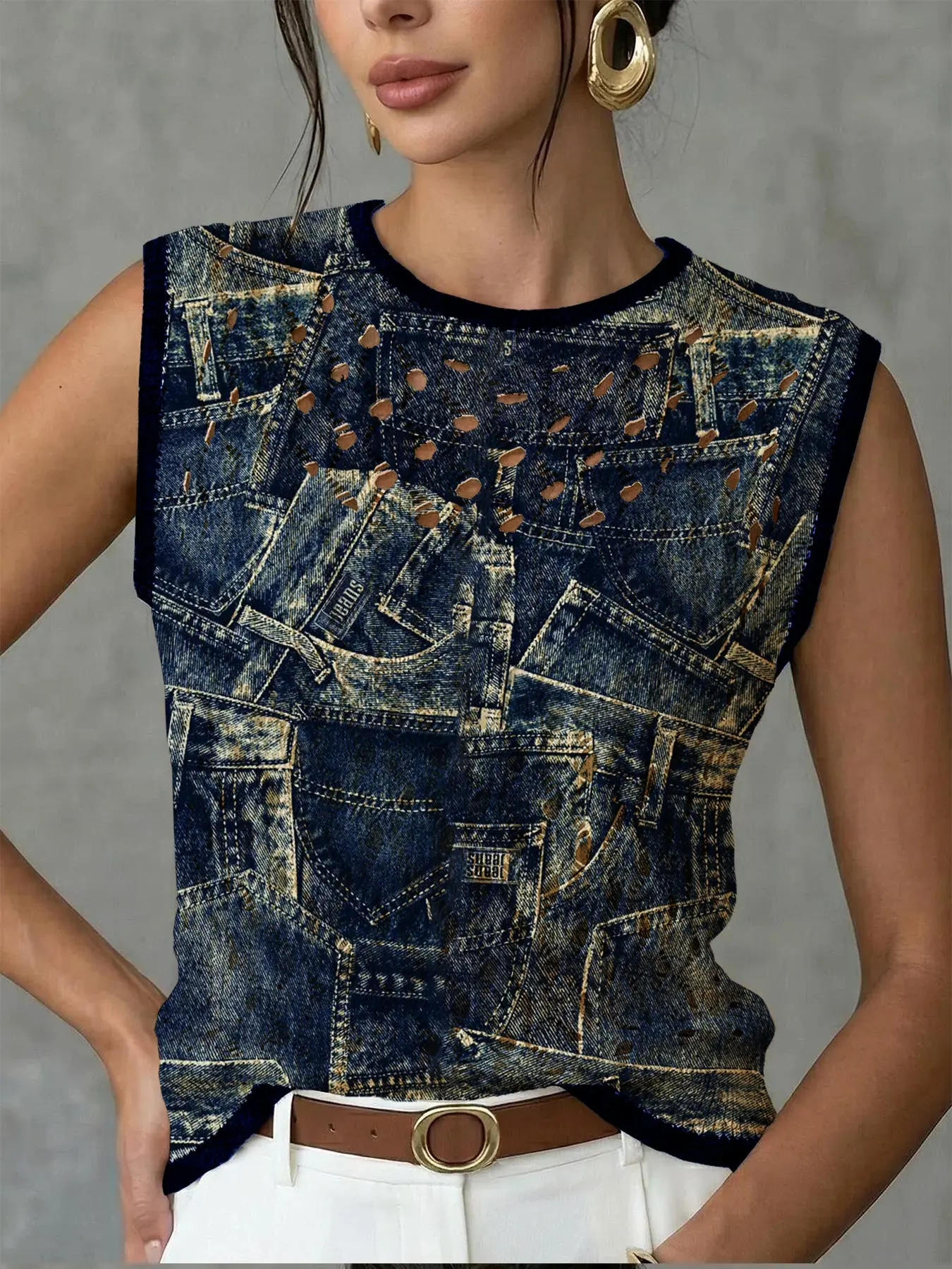 Women's Vintage Denim Pocket Full Print Round Neck Sweater Vest, Casual Sleeveless Knitted Vest for Spring Summer Fall