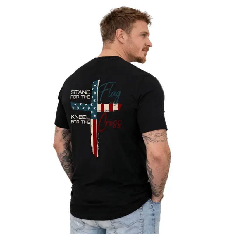 Men's Cotton Twill Short-Sleeve Round Neck Patriotic Faith T-Shirt - Fitted Casual Athletic Short Sleeve Tee with Flag Cross Print, Conservative American Pride Sports Top for Outdoor Activities, Streetwear