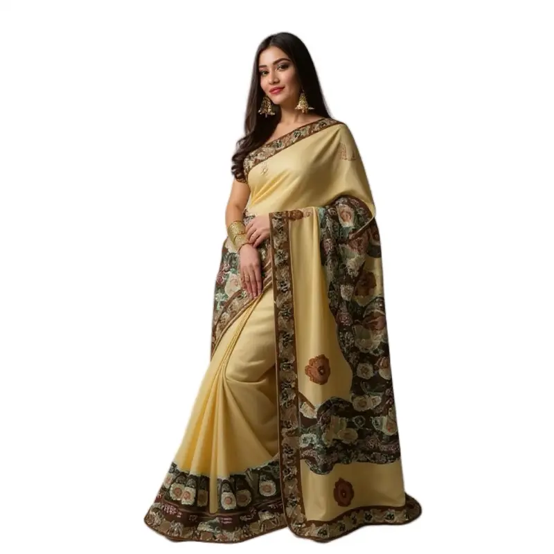 Women's Silk Saree Maxi Dress - Embellished Elegant Formal Floral Pattern Dress - Gold & Velvet Floral Border Design - Ideal for Party Wear, Embellished Dress