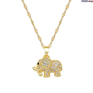 Women's Gold-Plated Elephant Pendant Necklace - Cute Sparkling Zircon Lucky Elephant Charm, Colored Crystals Necklaces, Simple Animal-Themed Costume Jewelry for Parties, Everyday Wear