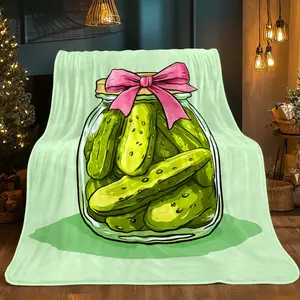 [Cozy Gift, Playful Design] 1pc Pickle Art Flannel Blanket - Soft Lightweight All-Season Throw with Vibrant Pickle Print, Machine Washable for Sofa, Bed, Travel & Camping - Cozy Gift for Family & Friends, Contemporary Style, Bed Warmer, Playful Design, Du