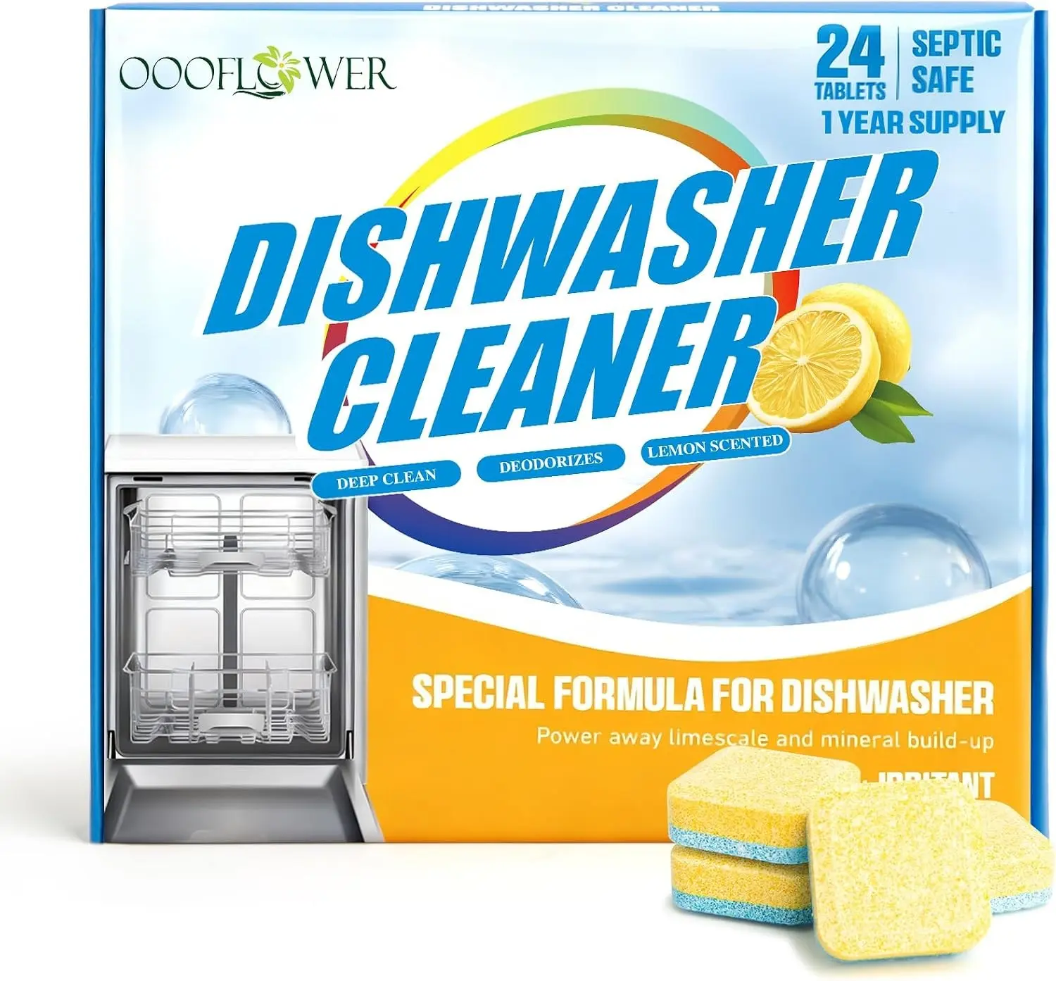 Dishwasher Cleaner & Deep Deodorizer Cleaning Tablets 24 Tabs Lemon Scent | Deep Cleaning Descaler Pods For All Dish Washer Use. Natural Fights Limescale, Hard Water, Calcium, Odor, Smell, Septic Safe