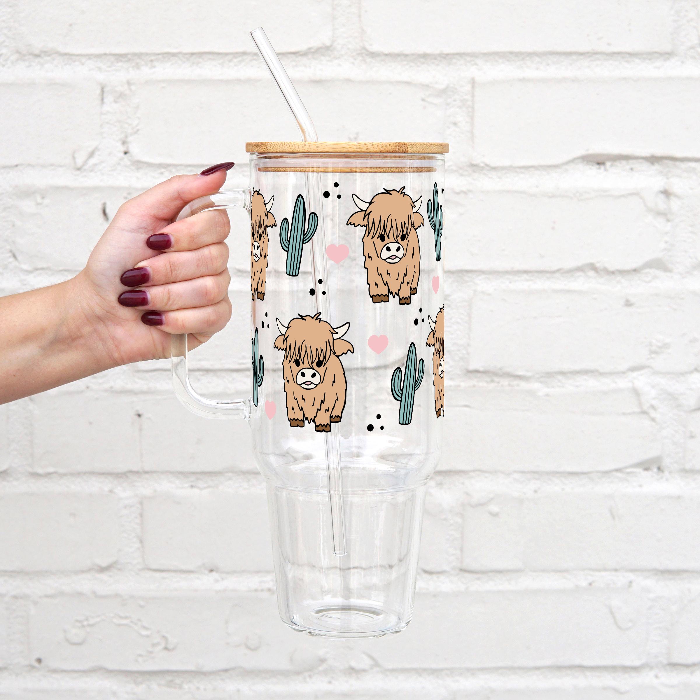 Highland Cow & Cactus Glass Tumbler with Handle, Lid & Plastic and Glass Straws