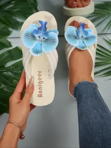 Women's Fashionable Flower Decorated Slide Sandals, Casual Comfortable Flat Sandals for Beach, Non-slip Slippers for Indoor & Outdoor Wear, Walking Shoes, Floral Slippers