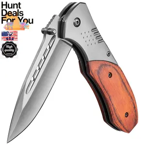 [SUPER SALE] Pocket Knife For Men Sharp Blade Wood Handle Pocket Folding Knives with Clip Glass Breaker - EDC Knives or Survival Camping Fishing Hiking Women All-Purpose