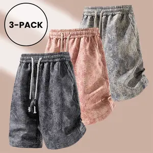 Men’s summer heavyweight shorts — washed, distressed texture; loose fit with drawstring; mid-length; trendy brand; relaxed casual athletic style; versatile