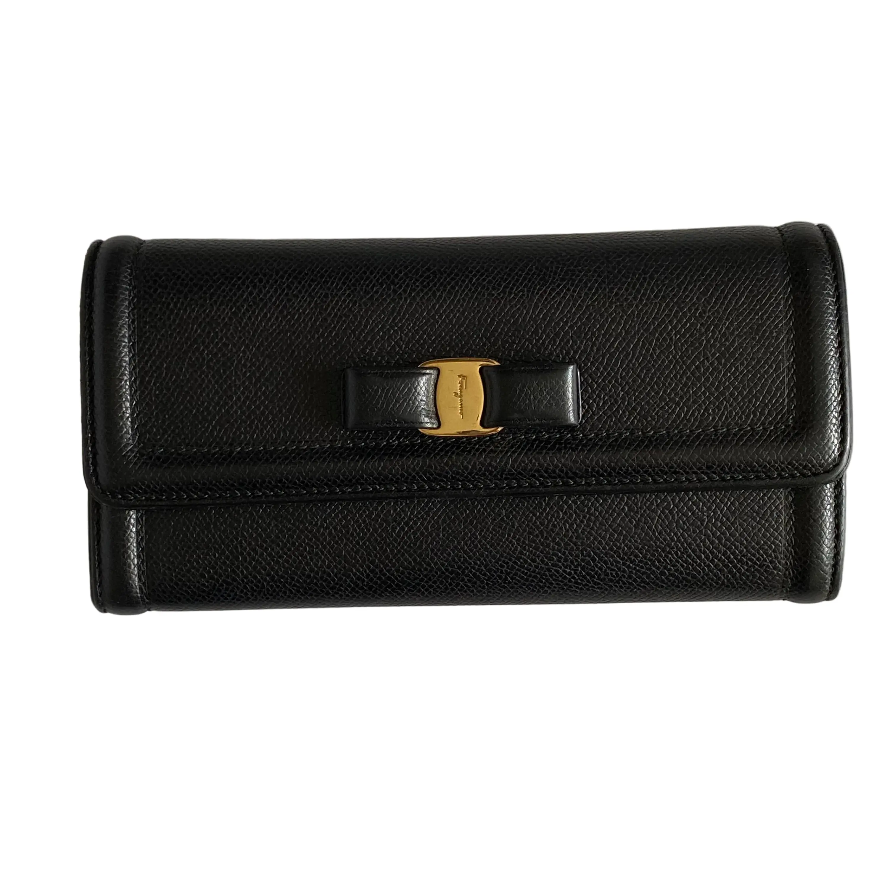 Pre-owned SALVATORE FERRAGAMO Wallet Small Leather Goods black leather long authentic with coa