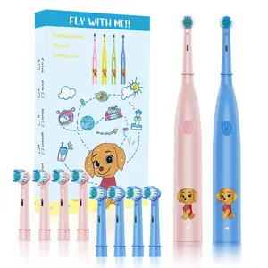 Rotating Childrens Electric Toothbrush, Rechargeable Toothbrush, 5 Speed Settings, Cartoon Kids Teeth Cleaning Brush with 4 Replacement Heads