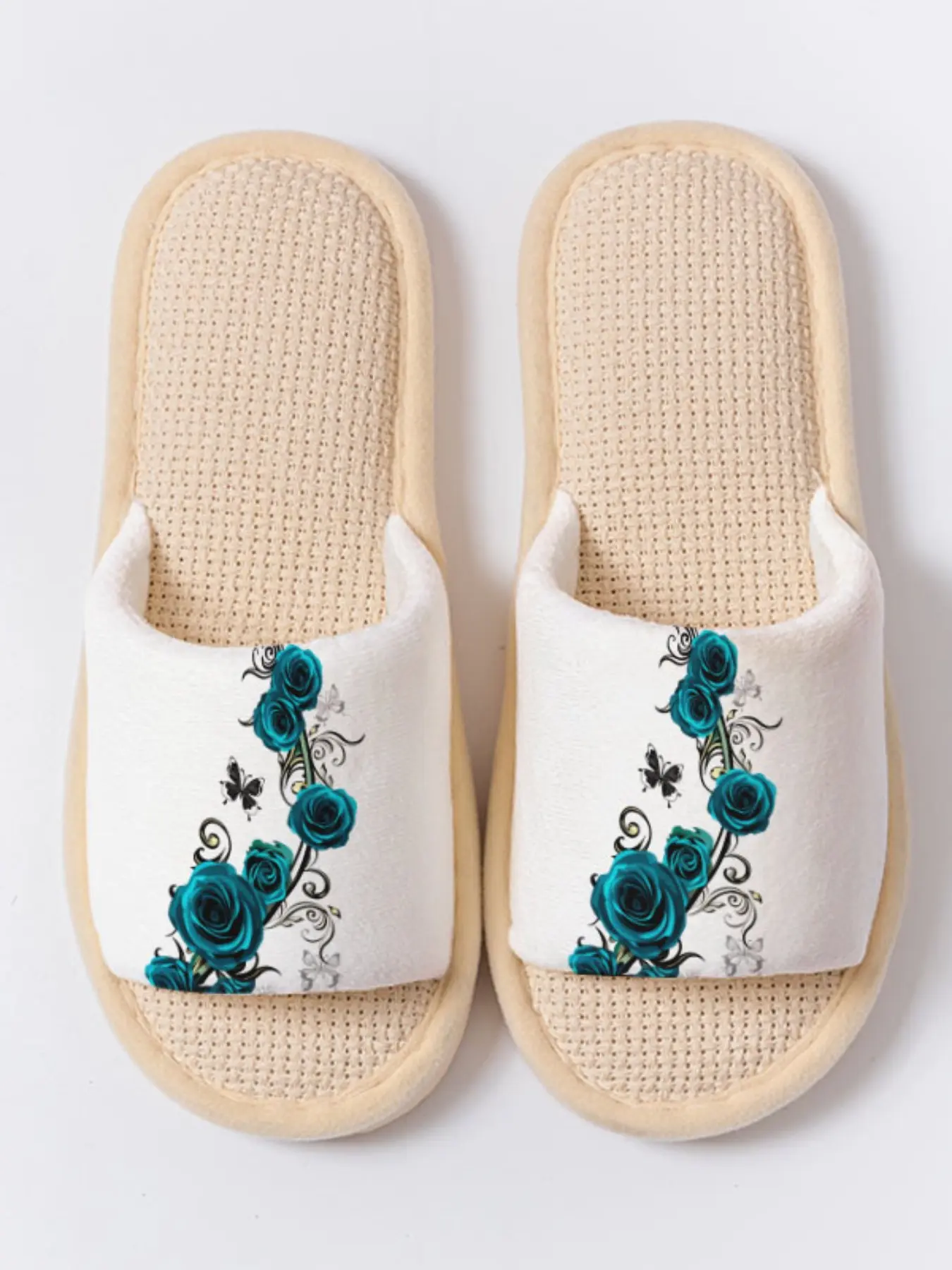Teal Rose Butterfly Linen Slippers, Elegant Cozy Non-slip Breathable Lightweight All Season Home Shoes for Women Men Family Guest Daily Wear