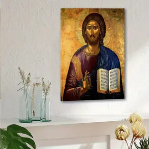 A Canvas Wall Art of Jesus Christ Icon with Retro Style-Greek Orthodox Religious Byzantine Artwork, Framed Christian Family Themed Decorations, Suitable for Bedroom, Wall Hanging, English Text, perfect Holiday Gift-Hangable (1 Piece)