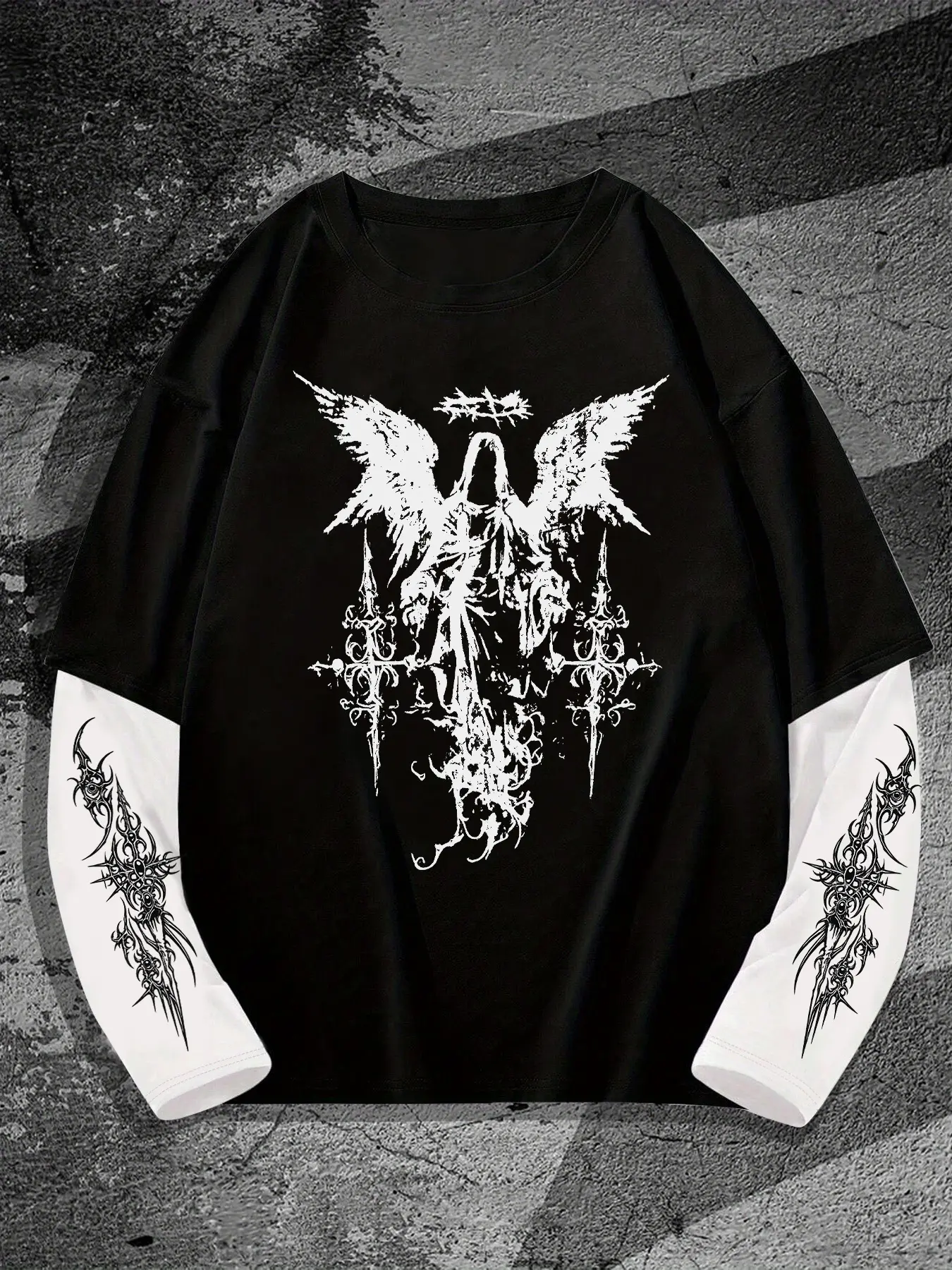 Men's Gothic Angel Graphic Fitted Long Sleeve Knitted Crewneck Tee - Vintage Punk Fake Two-Piece Black & White T-Shirt Streetwear Knitwear Menswear