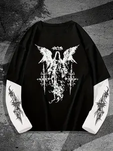 Men's Gothic Angel Graphic Fitted Long Sleeve Knitted Crewneck Tee - Vintage Punk Fake Two-Piece Black & White T-Shirt