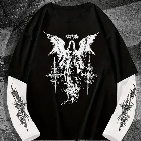 Men's Gothic Angel Graphic Fitted Long Sleeve Fake Two-Piece Black & White T-Shirt, Casual Streetwear Top, Graphic Tees Apparel, Menswear
