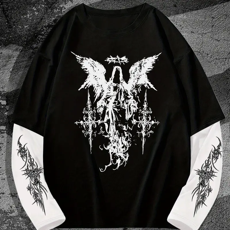 Men's Gothic Angel Graphic Fitted Long Sleeve Fake Two-Piece Black & White T-Shirt, Casual Streetwear Top, Graphic Tees Apparel, Menswear