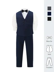 Boys 3 Piece Spring Set, Blue/Grey/Black, Waistcoat, Trousers, Bow Tie, Wrinkle Resistant, Game-Changer for Spring Weddings & Photoshoots, No Shirt Included, Solid Color Suit, Vest, Classic Sets--XT8857