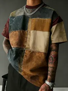 Men's Vintage Colorblock Patchwork High Street T-Shirt, Loose Fit Short Sleeve Top, Casual Fitted Long Shirt Without Zipper, Streetwear, Menswear