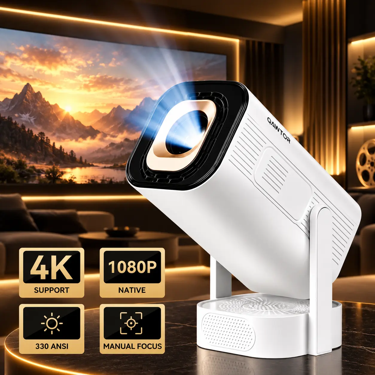 Qawtor Portable Mini  330 Projector, 4K Supported 1080P Native Projector with WiFi 6 & Bluetooth 5.0, 350 ANSI Home Theater Projector with Built-in Speaker, Wireless Screen Mirroring for iOS/Android, Outdoor Movie Projector