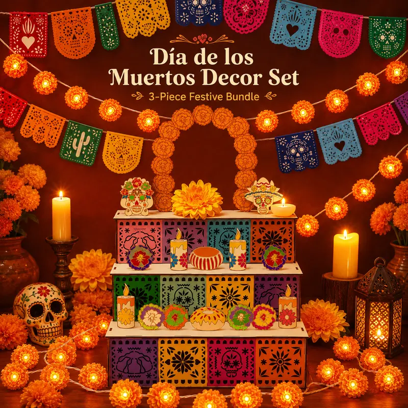 3-Piece Day of the Dead Festive Home Decoration Set - Wooden Memorial Altar Photo Frame, 3M Marigold Flower Glowing Lights, Colorful Floral Skull Hanging Banner for Family Gatherings & Gifts