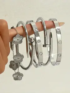 5 Piece Stainless Steel Bangle Set, Stackable Bangles, Rhinestone Clover Heart Five Petal Flower, Valentine's Day Gift, Holiday Gift