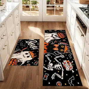2Pcs Printed Kitchen Rug Halloween Skeleton Ghost Black Cat Mat Set Farmhouse Kitchen Carpet Restaurant Floor Laundry Room Decoration Carpet Mat Farmhouse Kitchen Rugs