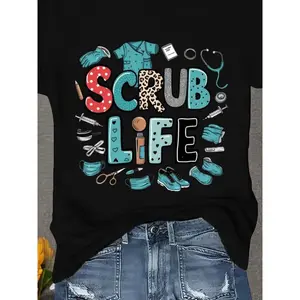 Everyday Comfort Women' s SCRUB LIFE Medical Graphic T- Shirt - Soft 100 Short Sleeve Tee with Stethoscope & Nurse- Themed Print, Casual Comfort Fit for Daily Wear, Travel, and Fitness
