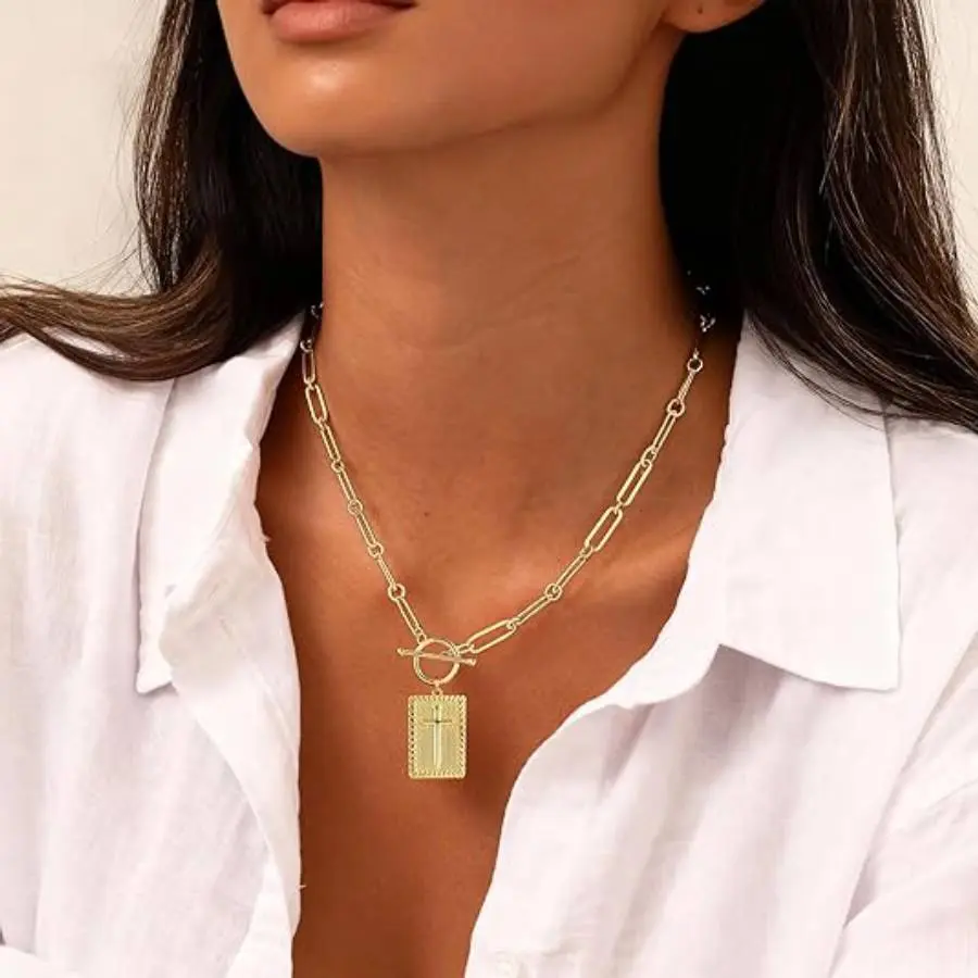 Y2K Textured Cross Pendant Toggle Necklace | Silver/Gold Paperclip Chain for V-Neck