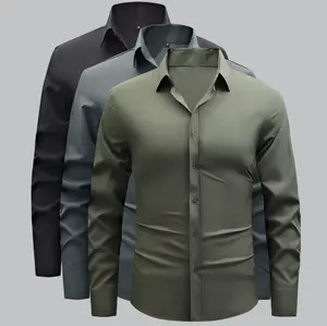 (3 pieces) Men’s solid-color shirt set , spring/summer slim-fit collared long-sleeve shirts—comfortable casual menswear, button-up gentleman’s shirt jacket