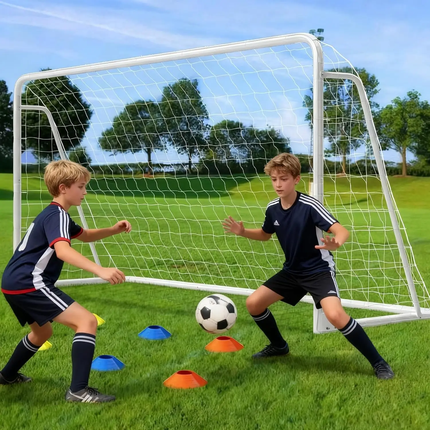 ABORON Soccer Goal for Backyard, Foldable Steel Soccer Goal with Training Target & 6 Cones, Weatherproof Soccer Goal for Teens/Adults Practice Training 6x4/8x6/10x6.5/12x6ft