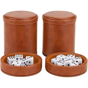 Brown PU Leather Dice Cup with Lid, Velvet Interior Quiet Dice Shaker Cup with 6 Dice for Liars Dice/Farkle/Yahtzee Games, 2 Pack