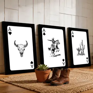 3Pcs/Set Framed Western-Inspired Canvas Art Set - Cowboy & Bull Skull Prints,  Wall Art, Vintage Style Wall Decor for Bedroom, Living Room, Dining Room, Office, Home Decor Aesthetic, Home And Dormitory Decoration