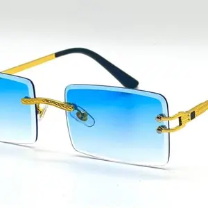 Vintage Men's Rimless Gold Frame Retro Hip Hop Luxury Tinted Blue Lens Glasses