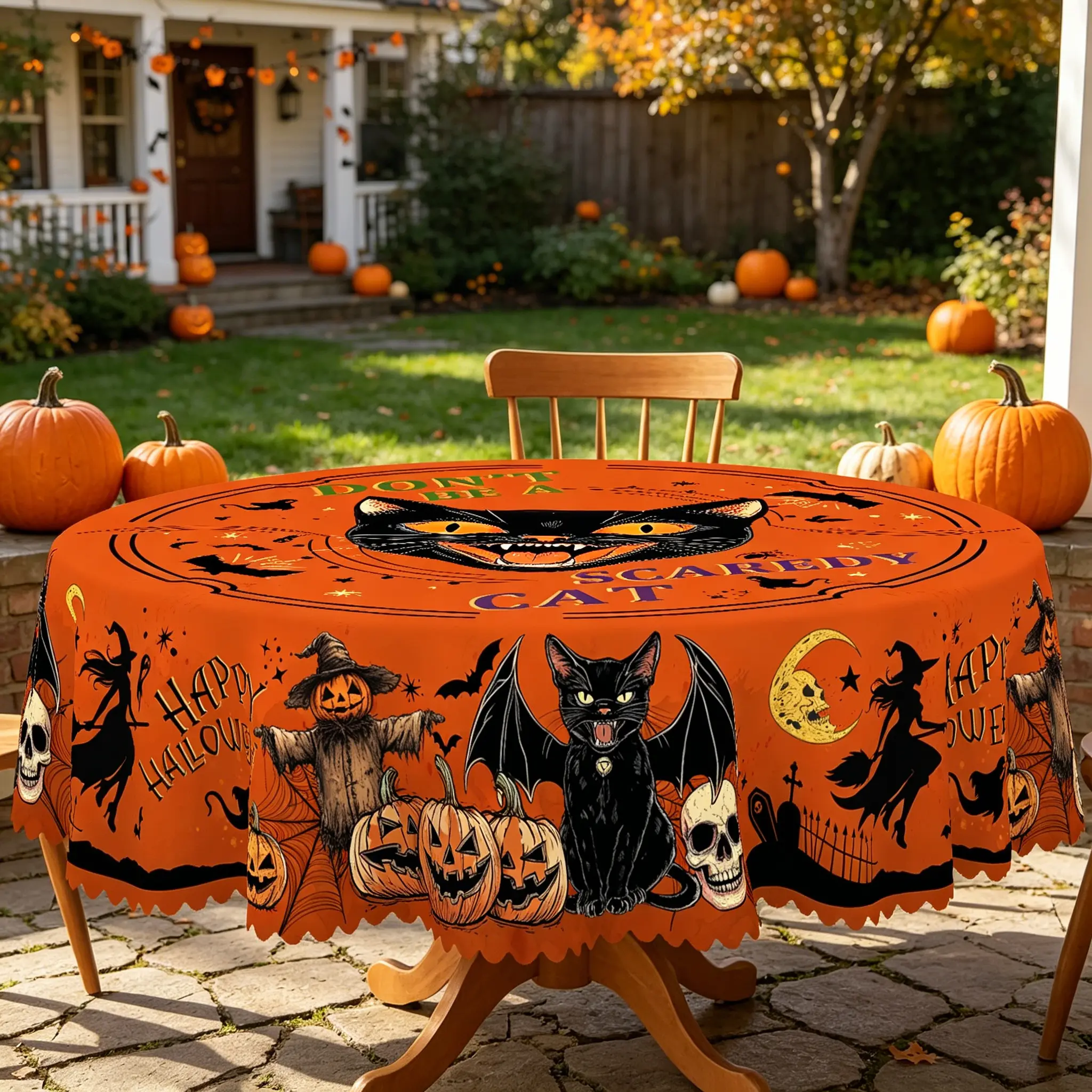 BOOPBEEP Halloween Printed Tablecloth - Vintage Farmhouse Style, Pumpkin & Black Cat Patterns, Rectangular/Round Dining/Kitchen Cover, Nostalgic Halloween Decor, Brunches Indoors Use, Holiday Gift, Pumpkin Ghost Pattern Kitchen Linen Sets