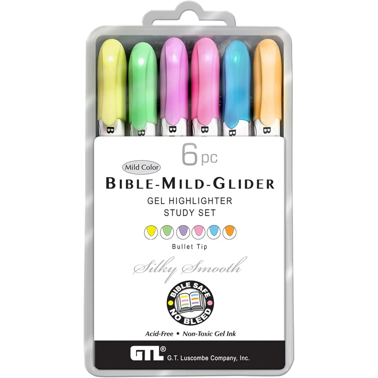 G.T. Luscombe Company Inc. Bible Mild-Glider Gel Highlighter 6-Piece Set, Archival Quality, No Bleed Solid, No Smearing/Fading, Long-Lasting, Translucent Dry Marker for Bible Study, Journaling & Color Coding