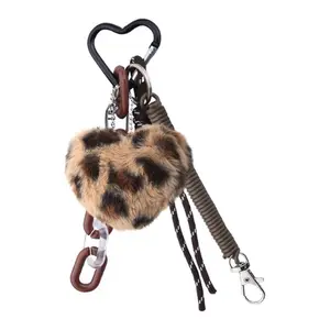 Brown Leopard Print Bag Charms, Plush Heart Key Holder with Rope Detail, Fuzzy Backpack and Purse Accessory Accent