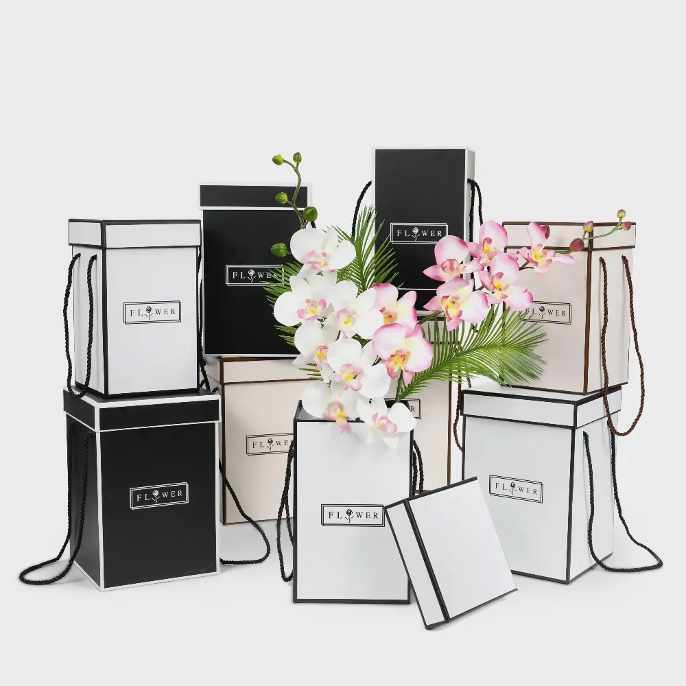 Set of 3, Square Flower Boxes, Pink/White/Black | W950