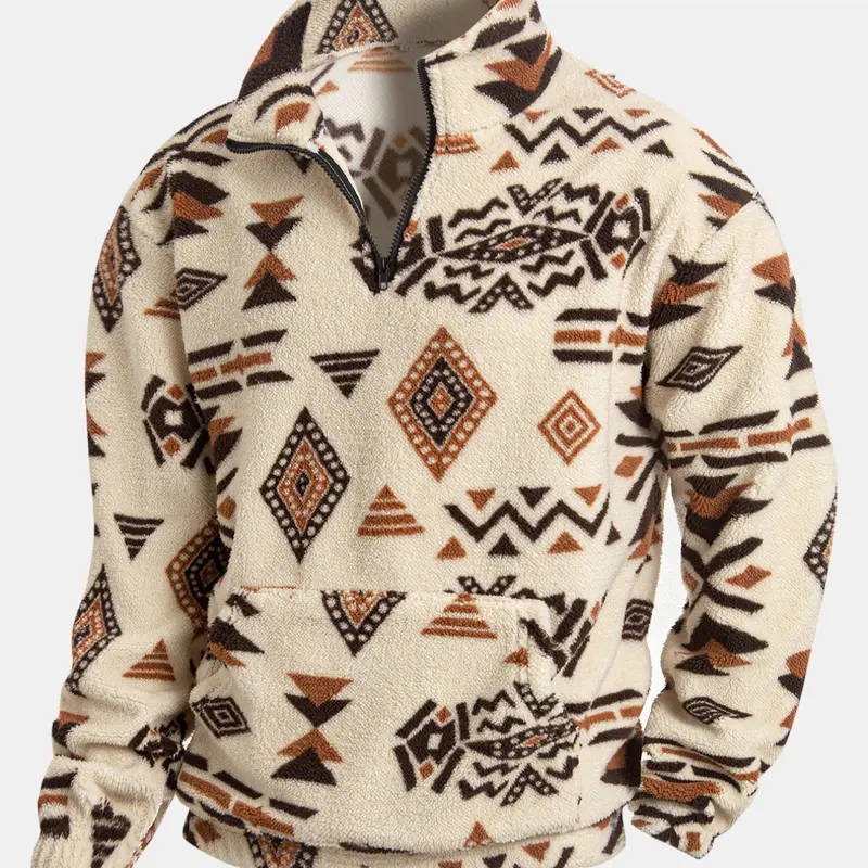 Men's Fleece Ethnic Geometric Print Half-Zip Pullover, Long Sleeve Fitted Top with Pocket, Casual Warm Sportswear for Autumn & Winter, Menswear
