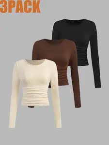 Girls' Ruched Round Neck Long Sleeve Solid Color T-Shirt Set, 3 Pcs, Comfortable Versatile Fit, Spring Summer Autumn Winter, Casual Wear